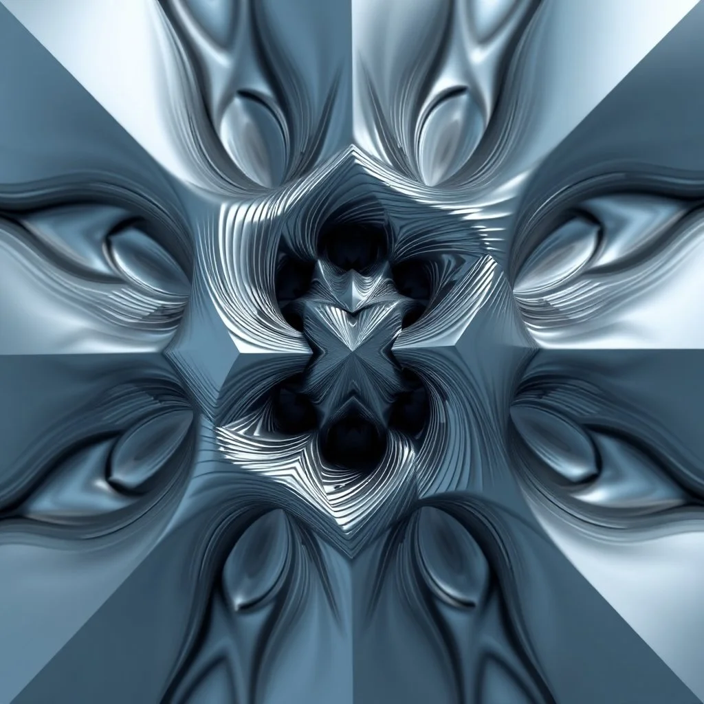 2d structures recursive made of a metallic random color ribon thick fractat of and geometry objects ,blue gray tema background