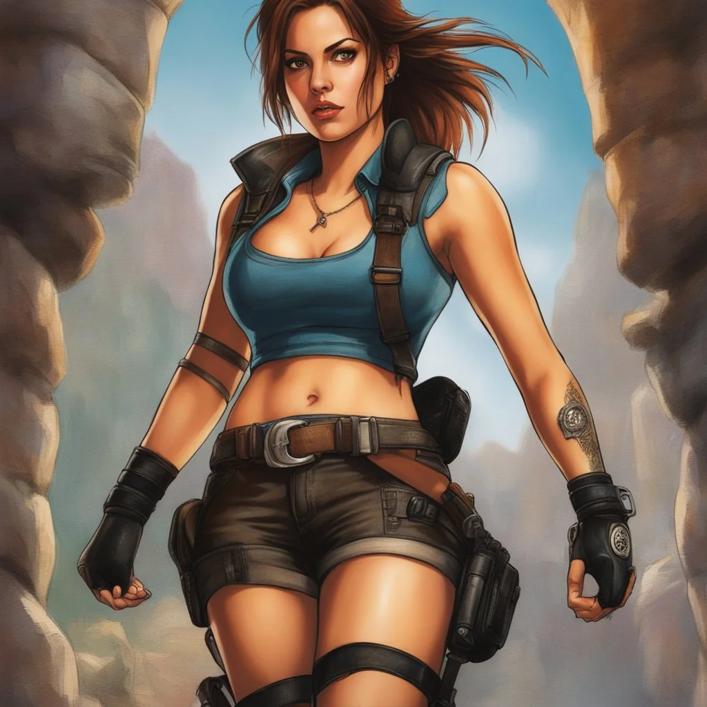 Picture of a photrealistic, lifelike,young 33 year old extreme chubby extreme tatood extreme fridge raider Lara croft style with punker