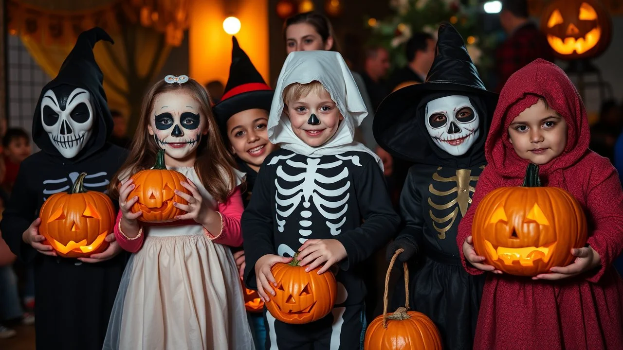 Halloween celebration, young children in disguises, fancy dress, scary masks, skeleton, ghost, trick-or-treat, fun, happy, excitement, carved-pumpkin-faces, spooky, night, award-winning photograph