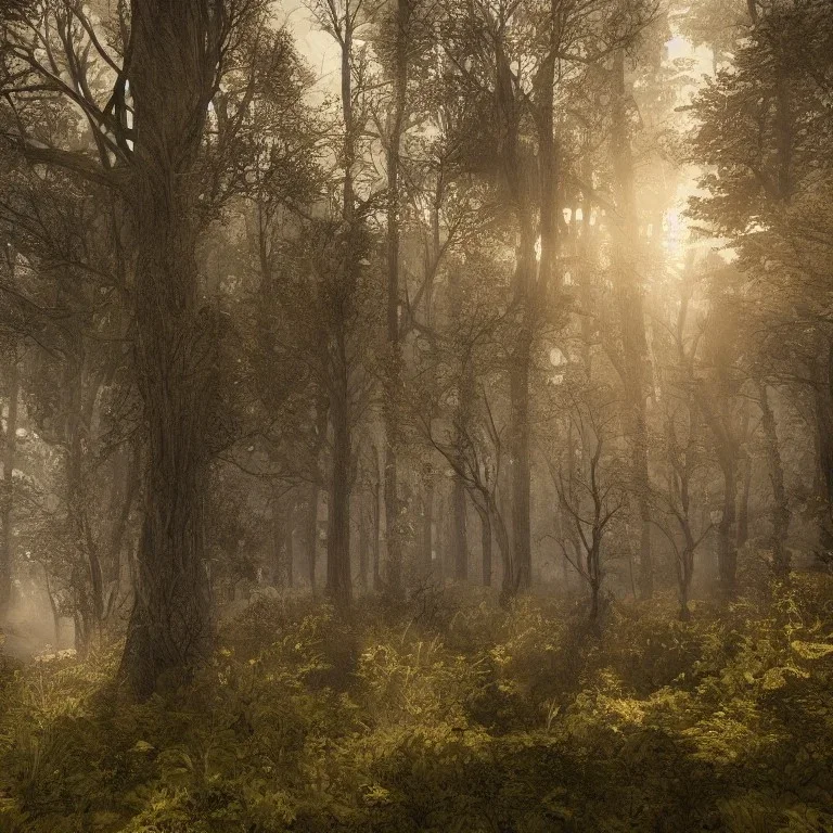 haunted, forest, 4k, 8k, highly detailed, cinematic, ultra photorealistic, volumetric lighting, sharp details, trees, depth of field, sun shafts, sunset, wide view