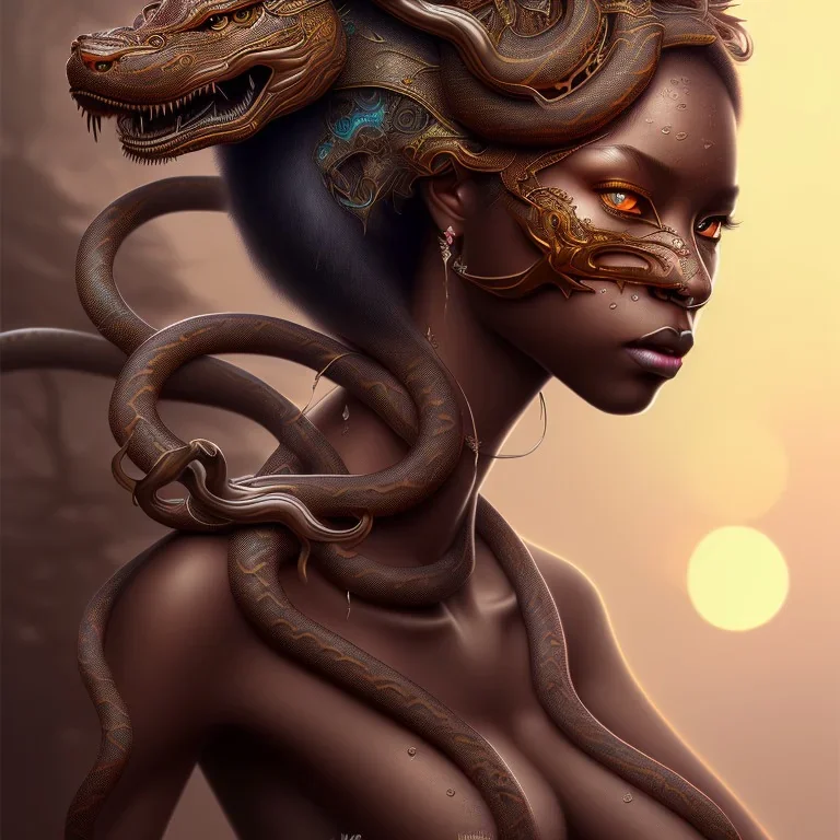 sango fantasy, fantasy magic, intricate, sharp focus, illustration, highly detailed, digital painting, concept art, matte, masterpiece snake head sexy lady body black African beauty tiger wearing African hair one head water background