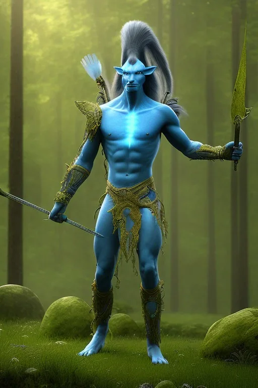 portriate of a na'vi avatar blue alien warrior, holding a spear, in the forest, volumetric lighting, particals, beautiful, intricate detail, photo realistc, volumetric clouds