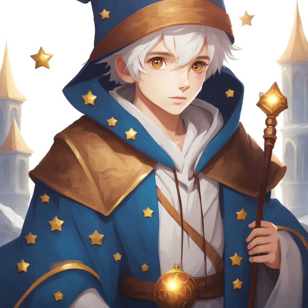 4K, Fantasy World, A boy only wearing a closed wizards robe, and wearing a wizards hat. White Hair. Golden Eyes with no pupils.