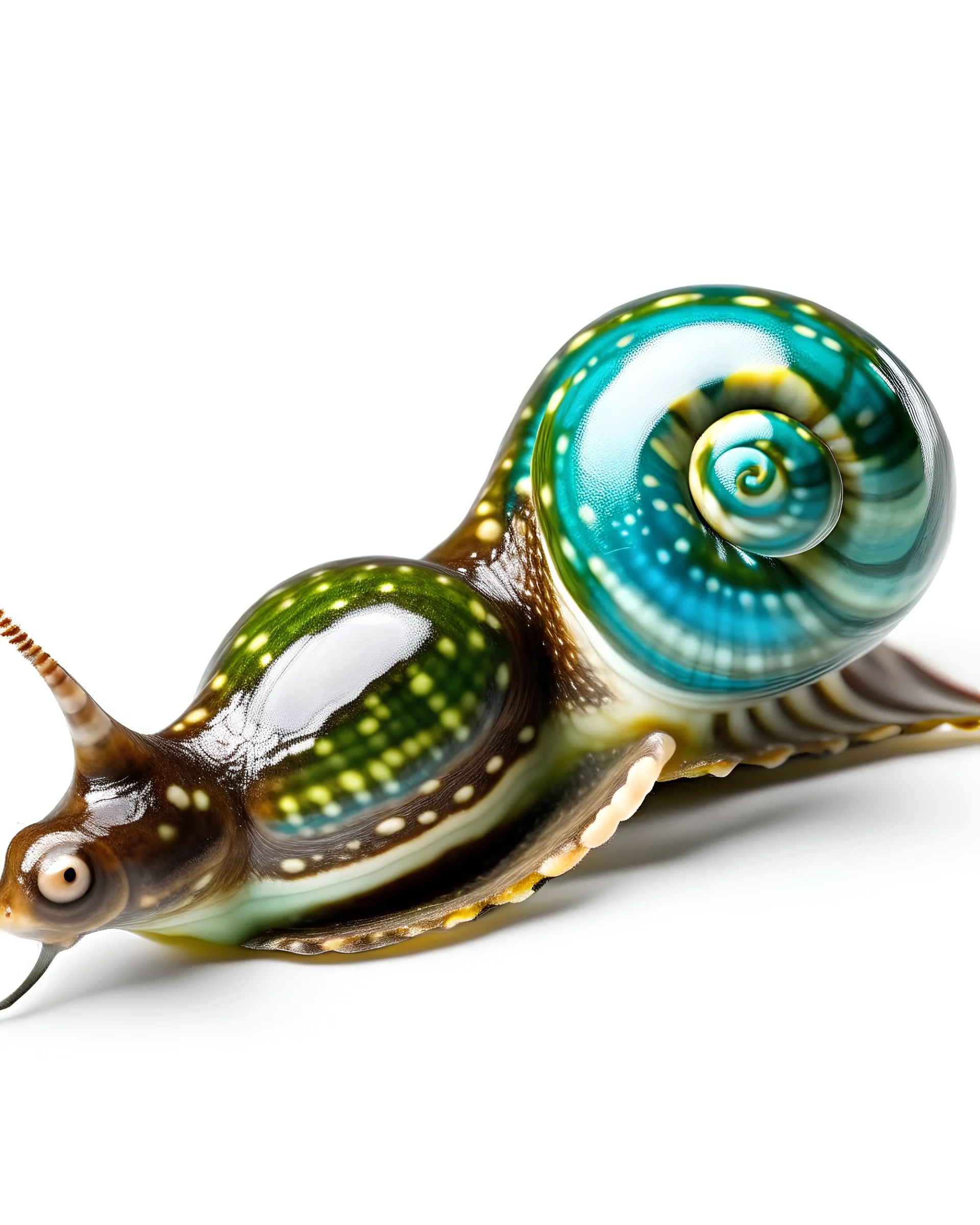 Bronze Teal Funky Spotted Snail, white background, no shadows and clear and well outlined
