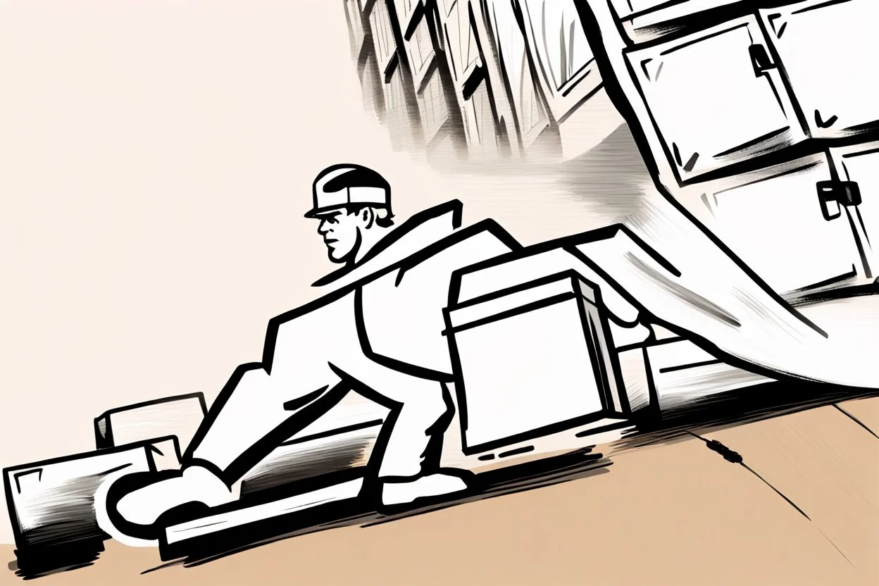 a swedish industry worker from sweden, very strong pushing a wooden crates and IBC along the floor in a factory, truckdrivers (forklift) in background, very basic sketch painting like the image i uploaded