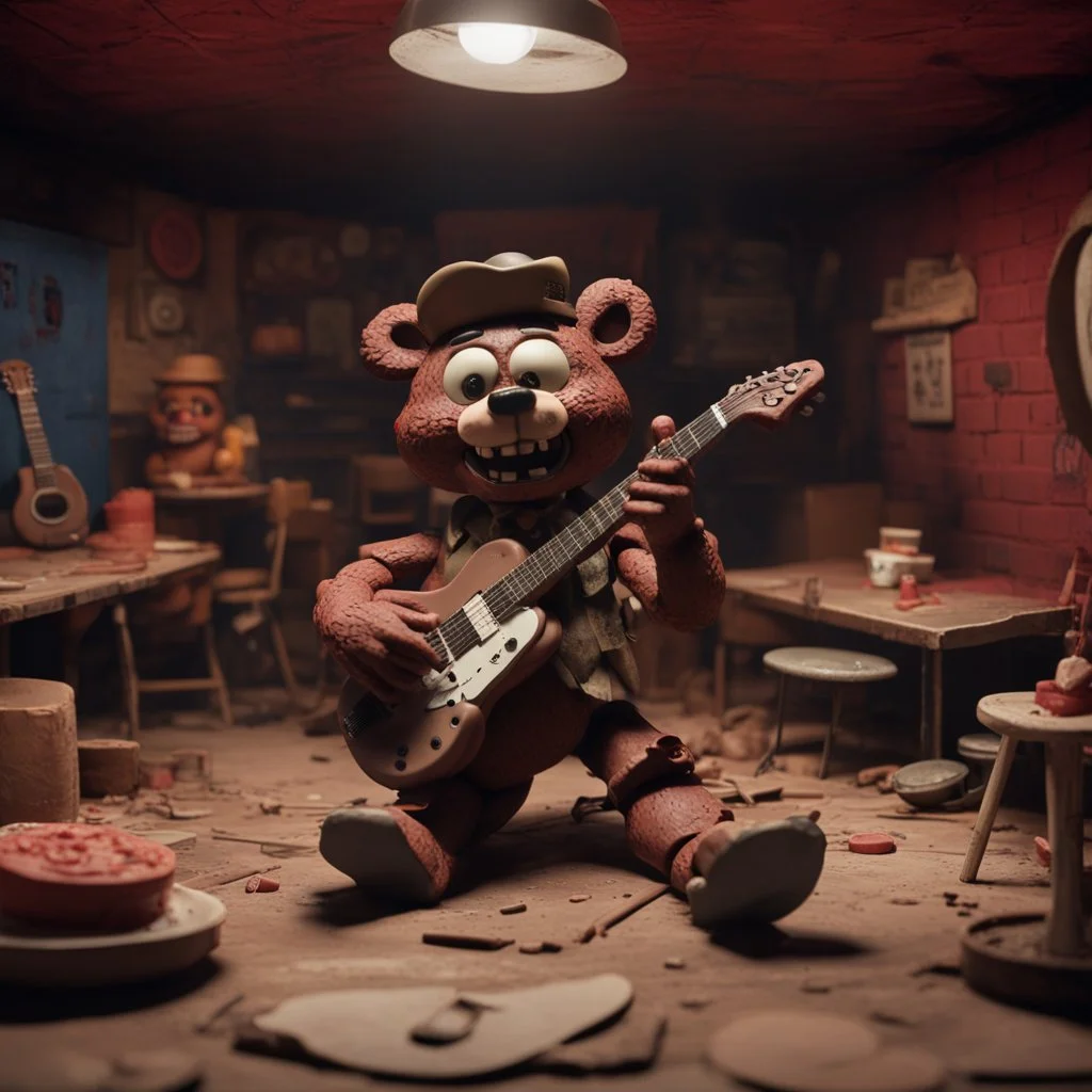 "CLAYMATION”, sinister clay Freddy Fazbear playing guitar on an abandoned '80's Pizzaria stage, creepy, spooky, sinister, clay figures, clay scenery, clay sculpture, 16k resolution, claymation movie still, "Five Nights at Freddys" aesthetic, Studio Laika, wide-angle lens