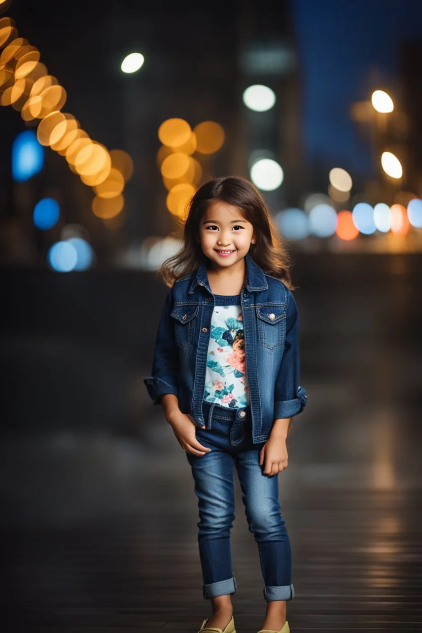 Little 6 years old beautiful girl perfect face,1girl wearing a pretty shirt and jean pant, standing pose,modern city ,night view