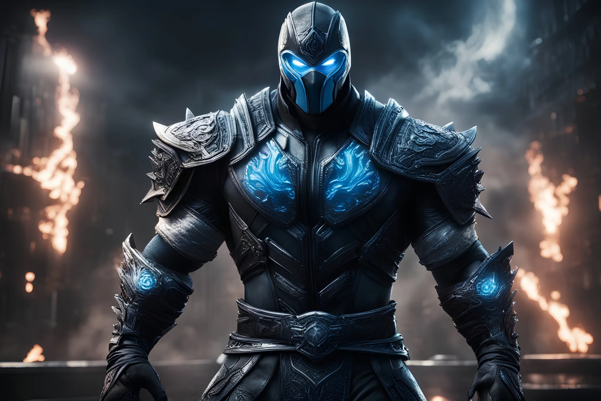 Sub Zero Mortal kombat in a mega cool Black iron super suit with on his arms and shoulders, hdr, (intricate details, hyperdetailed:1.16), piercing look, cinematic, intense, cinematic composition, cinematic lighting, color grading, focused, (dark background:1.1)