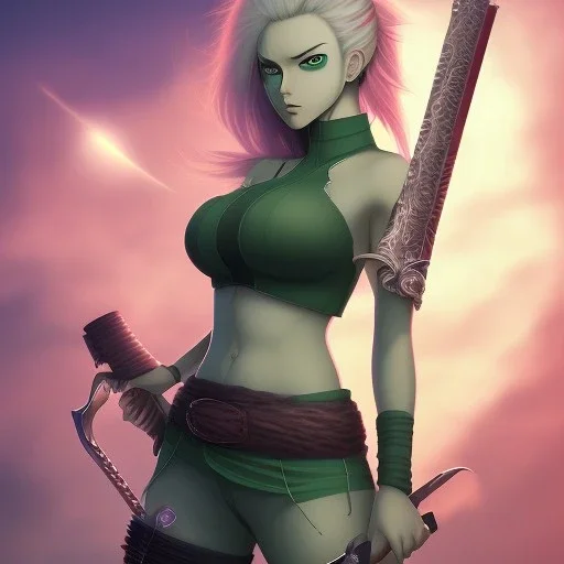 zoro, green hair, chainsawman, animestyle, denji, three chainsaw style, three sword style, majestic, soft pastel colors, soft smooth lighting, intricate detail, closed left eye, female, mommy, three sword, full body, ass