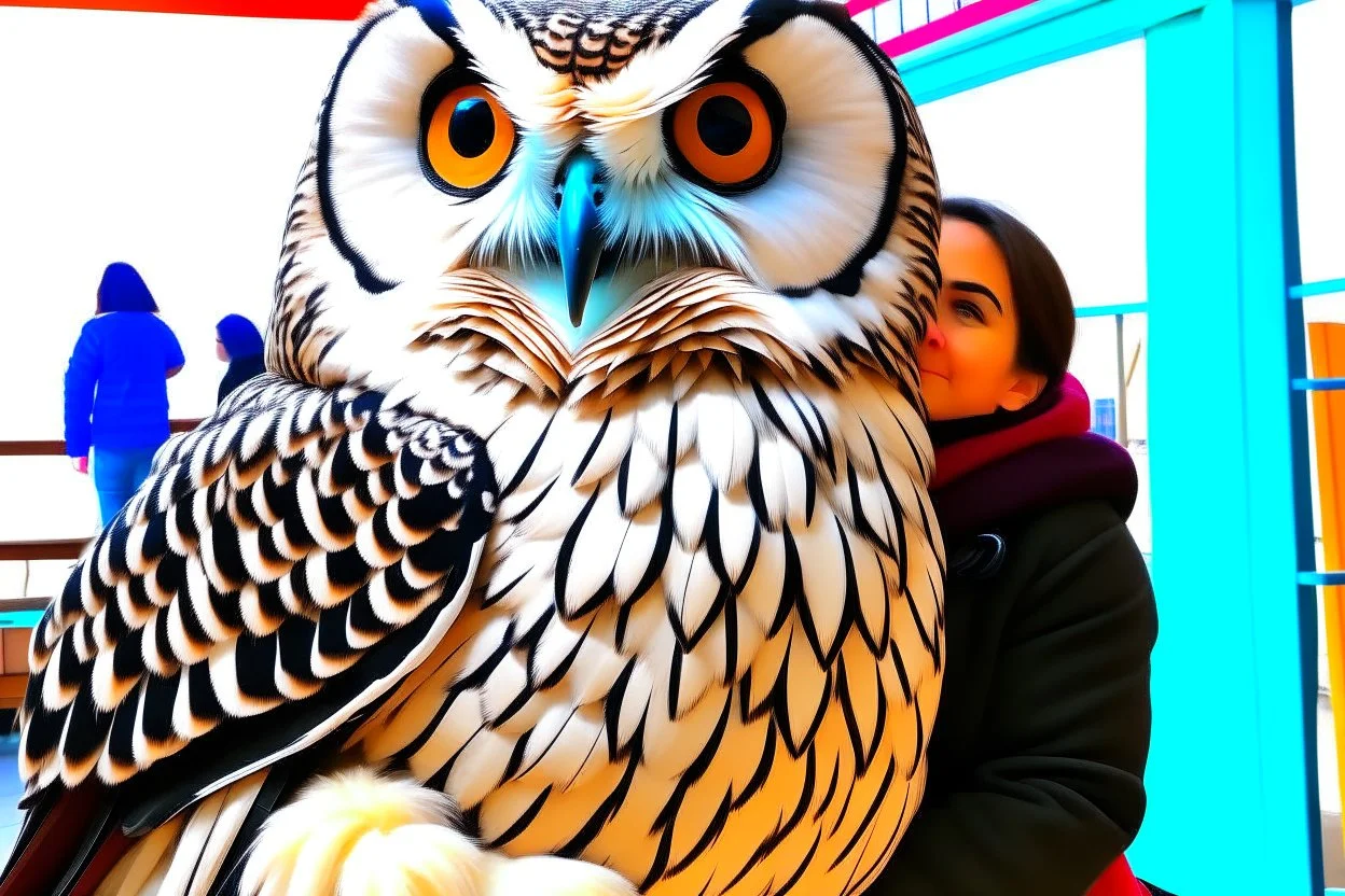 a giant owl sits on a woman's shoulder and very carefully hugs her with its huge wings