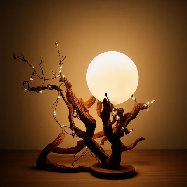 a gorgeous, stunning table lamp made of twisted, gnarled wood with illuminated globe of light hanging off one branch, muted color background, 8k resolution, high-quality, fine-detail, photorealistic, intricate, digital art, detailed matte, volumetric lighting, illustration, 3D octane render, brian froud, howard lyon, selina french, anna dittmann, annie stokes, lisa parker, greg rutowski, George Grie, Ben Goossens, Igor Morski