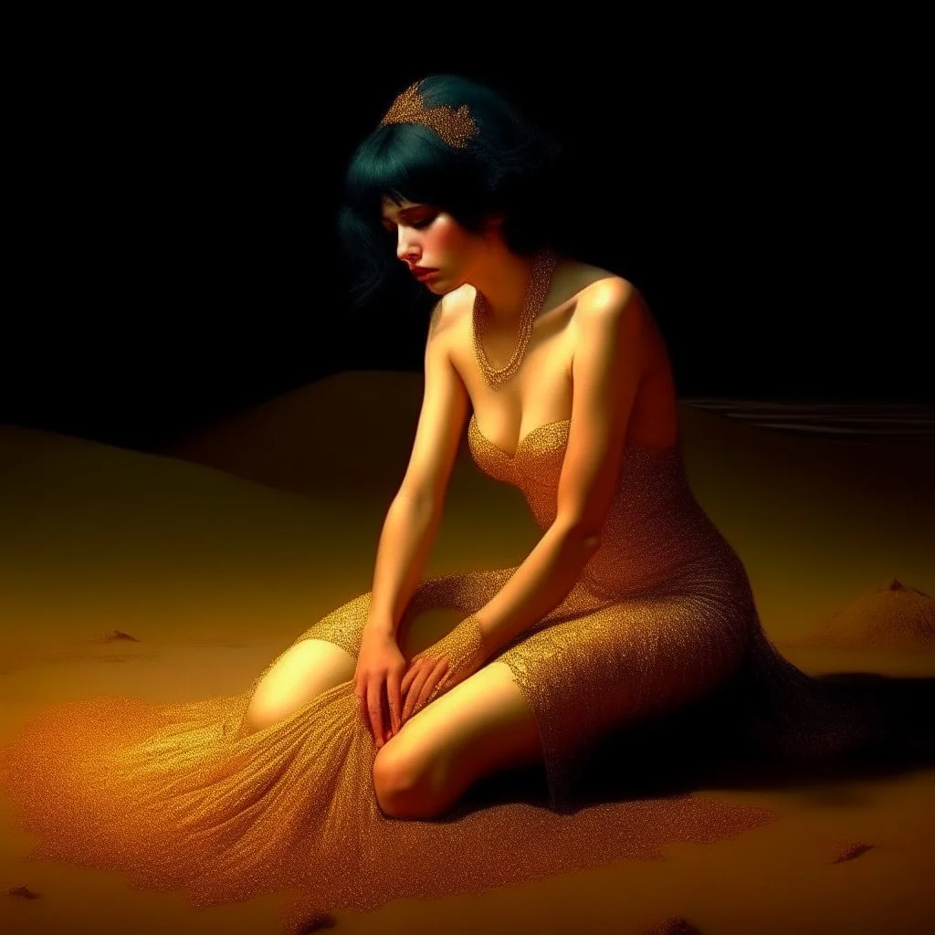 (Masterpiece1:5) By(Jan Saudek:Natalie Shau:1.5) (highest quality) (ultradetailed:1.5),bright Foreground with (gold sparkles floating Intricately through the painting:1.5),attractive and content black haired woman 😇, the beach with snoot lighting is the defining light source,gold dress melting into the sand 😅),dreamlike, (surreal:0.5) beach with soft sand, High contrasts, vibrant colors, flawless Composition,Soft Lighting Create Depth Of Field. accentuates the beauty of the