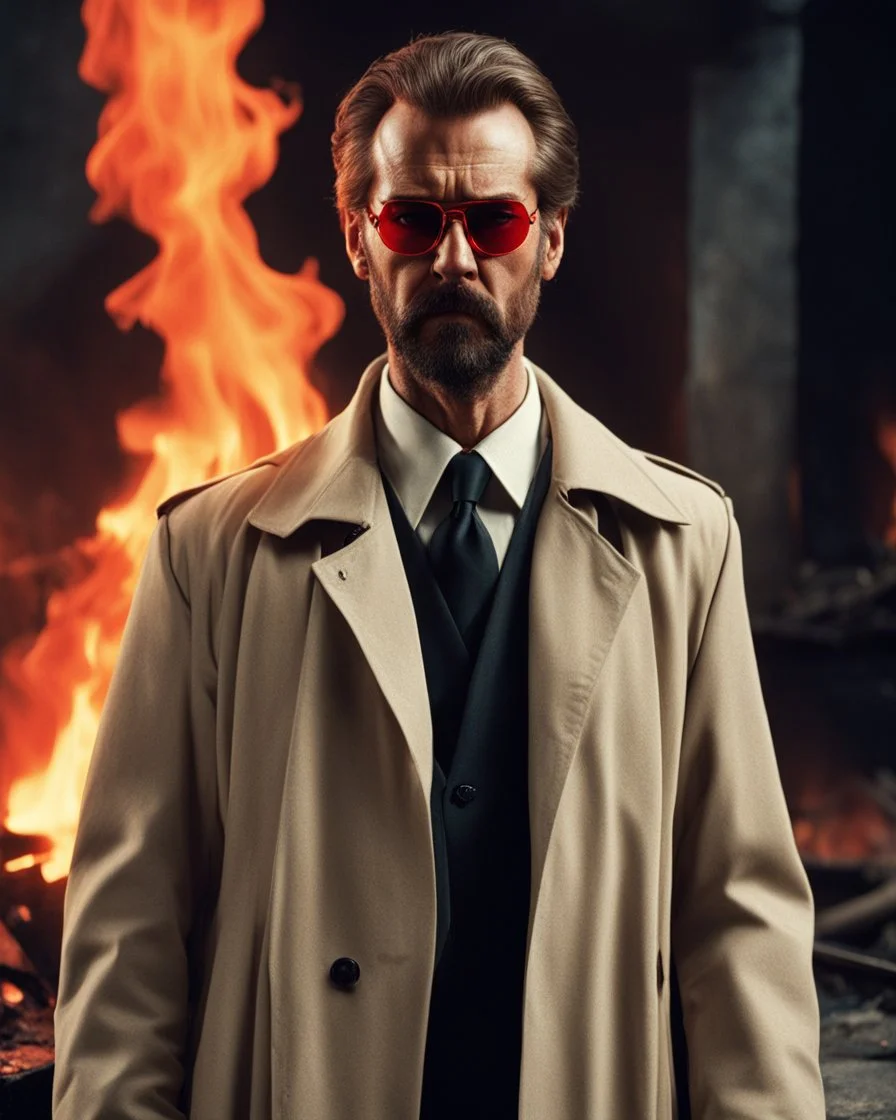 a man who looks like hans gruber wearing a trench coat and red sunglasses staring with an irritated look on his face standing in front of a fire