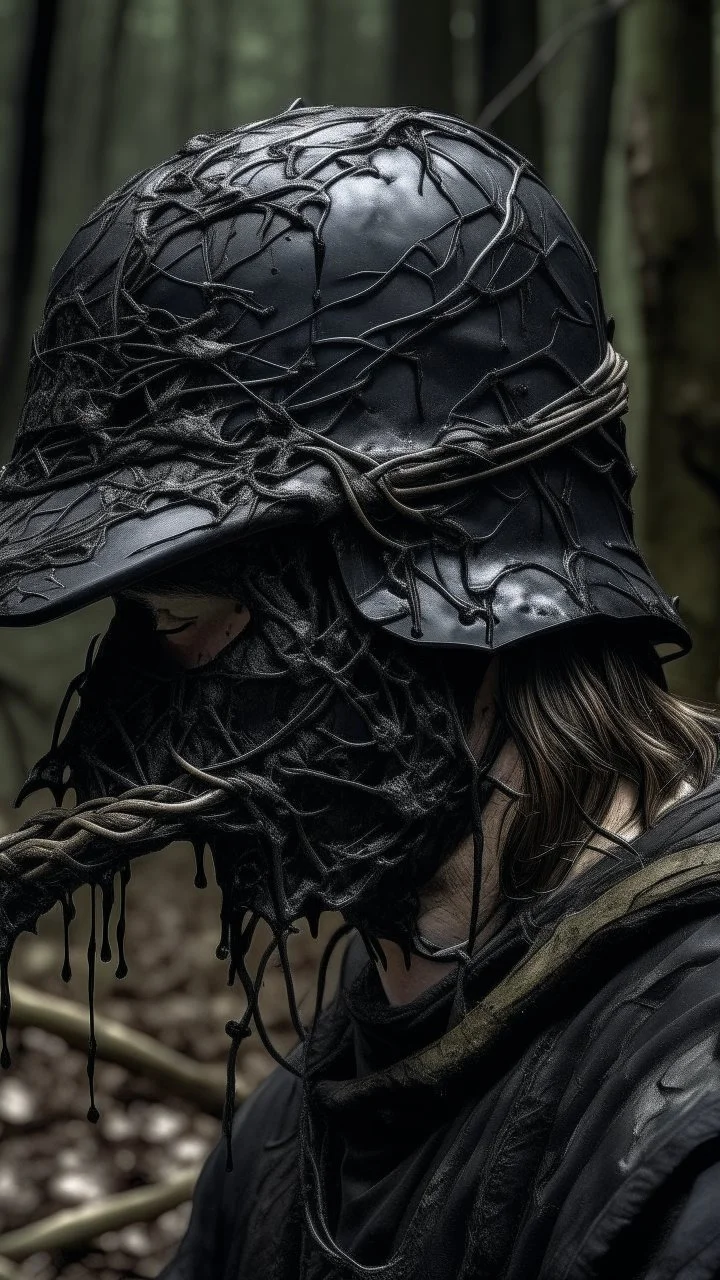 black vein, human veins, mixing together a lot of them, like a forest, big and small veins a lot of them, a crow standing an old army helmet