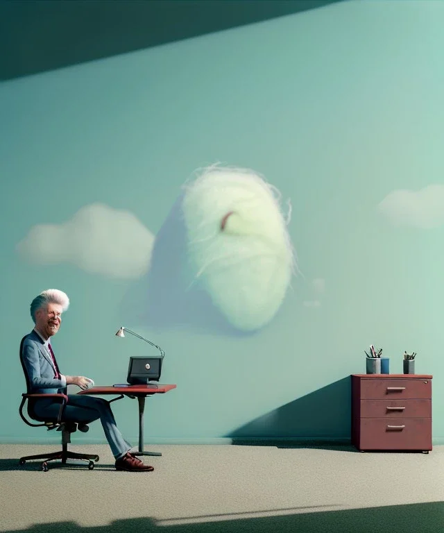 Realistic office room, sweet big hair monster sitting. David lynch style. Red hair, smile, happy, gradient color fog. highly detailed, concept art, unreal engine 5, ray tracing, RTX, lumen lighting, ultra detail, volumetric lighting, 3d, finely drawn, high definition, high resolution.