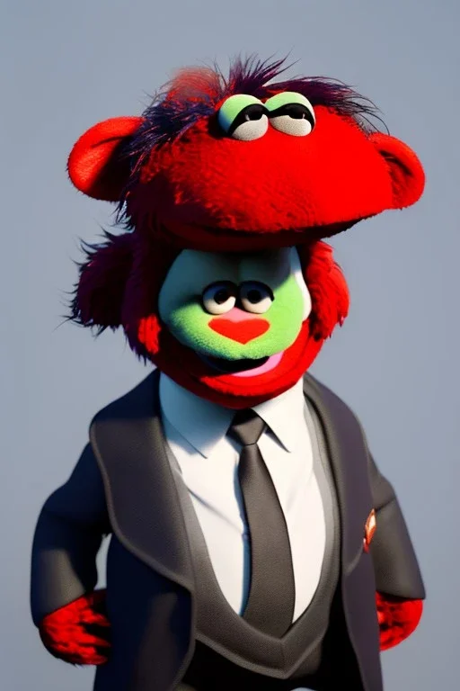 Waist up muppet Portrait, Kim Jong-un as muppet doll, black suit, photo studio, red background, unreal engine 5, concept art, art station, god lights, ray tracing, RTX, lumen lighting, ultra detail, volumetric lighting, 3d.