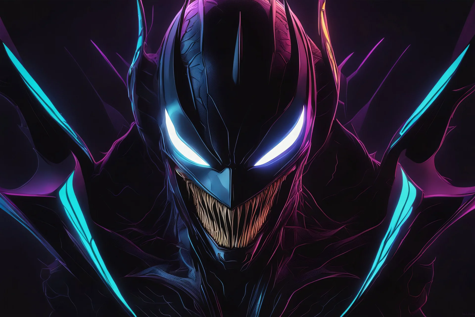 symbiote in 8k solo leveling shadow drawing style, bat model, neon lights, intricate details, highly detailed, high details, detailed portrait, masterpiece,ultra detailed, ultra quality