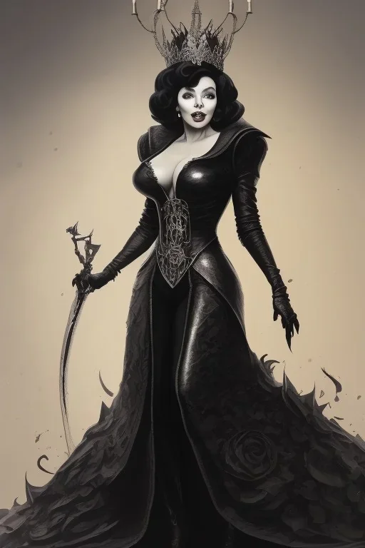 Joan Collins as evil queen in black leather, leather, busty, cleavage, angry, stern look. character design by cory loftis, fenghua zhong, ryohei hase, ismail inceoglu and ruan jia. unreal engine 5, artistic lighting, highly detailed, photorealistic, fantasy