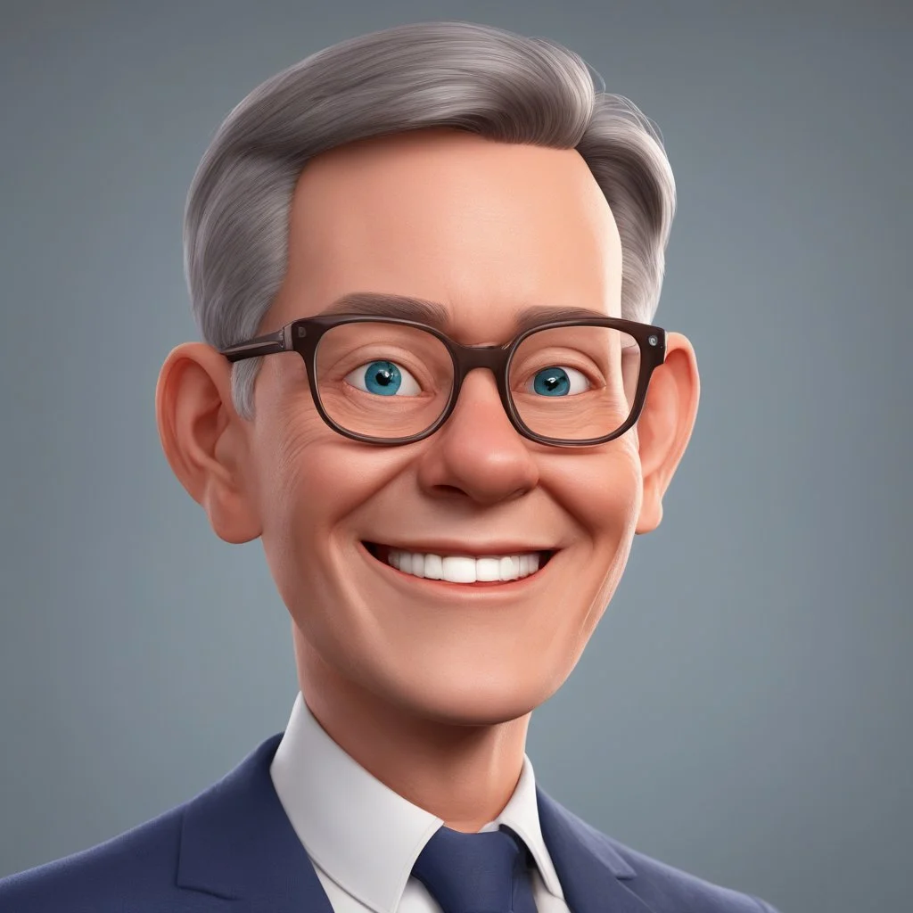 a portrait of smiling wise western man. 40 years old. caricature. gray short hair. light skin. blue eye pupils. elips eyeglasses, thin silver frame. oblong face shape. wear navy blue formal dress. pixar style. 3D. 4k. portrait. highly detailed. sharp focus. high resolution. full color. cinema lighting. with food background