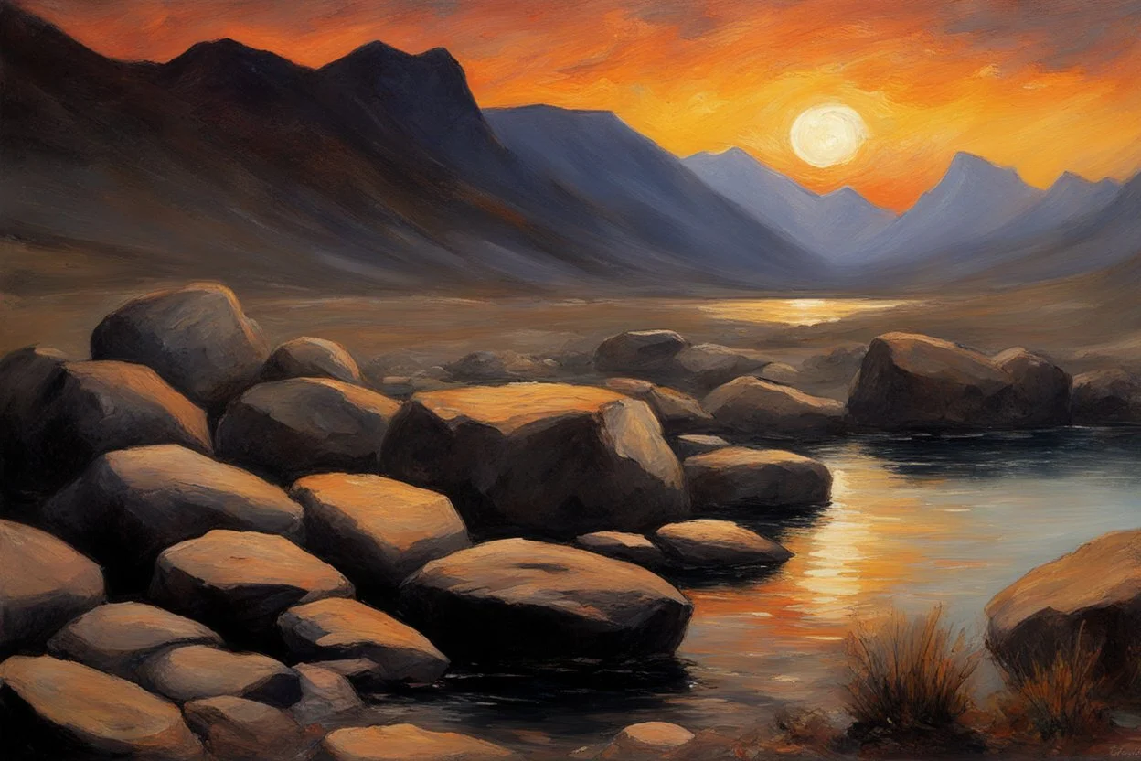 sunset, rocks, mountains, mistery, dark philosophic influence, auguste oleffe and sidney starr painter impressionism paintings