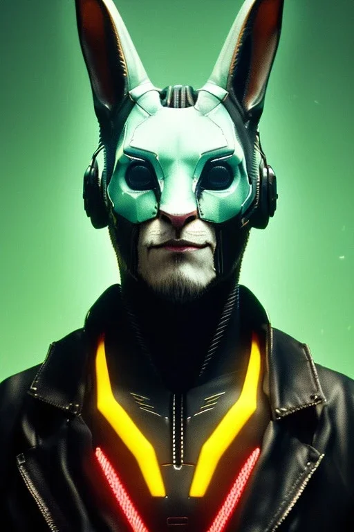 Medium Close Up Portrait, Front image. cyberpunk, rabbit mask, spanish man, white short hair. leather, titanium suit. Yellow, black, red, color. Ghost in the shell style. Color background, photo studio. Avatar image, highly detailed, concept art, smooth, unreal engine 5, god rays, ray tracing, RTX, lumen lighting, ultra detail, volumetric lighting, 3d, finely drawn, high definition, high resolution.