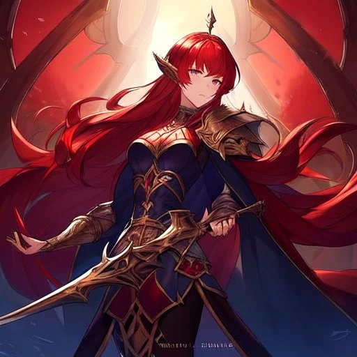 red haired elven warrior woman with a halberd