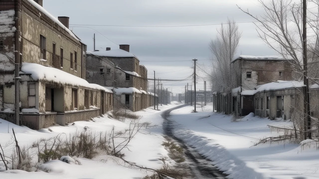 A snowy day view of a deserted street in a forgotten settlement, with dilapidated residential buildings and wild vegetation reclaiming the land.