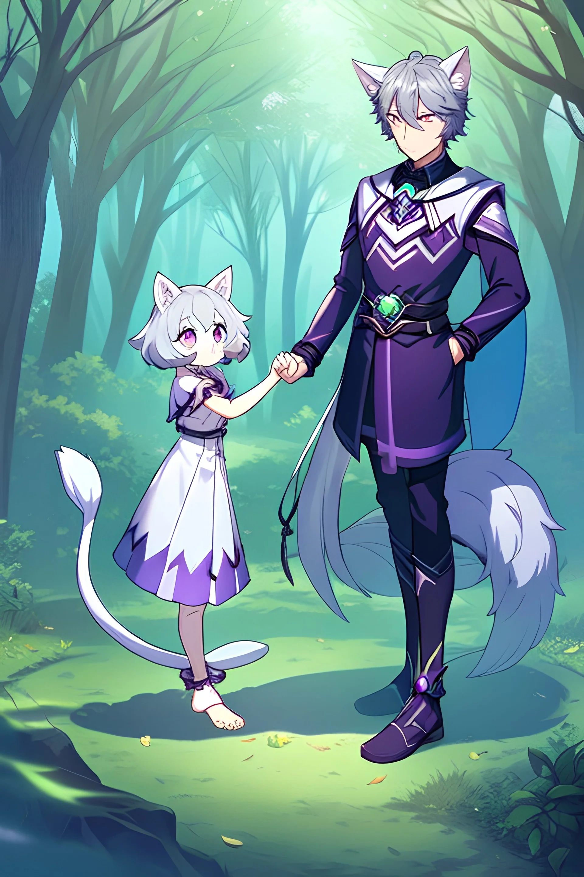 The handsome and perfect full body is on the spruce land, anime, a casual, gray-haired and lilac-eyed male character with wolf ears and a feline tail in the forest, 8K resolution, high quality, ultra graphics, and detailed with lines.