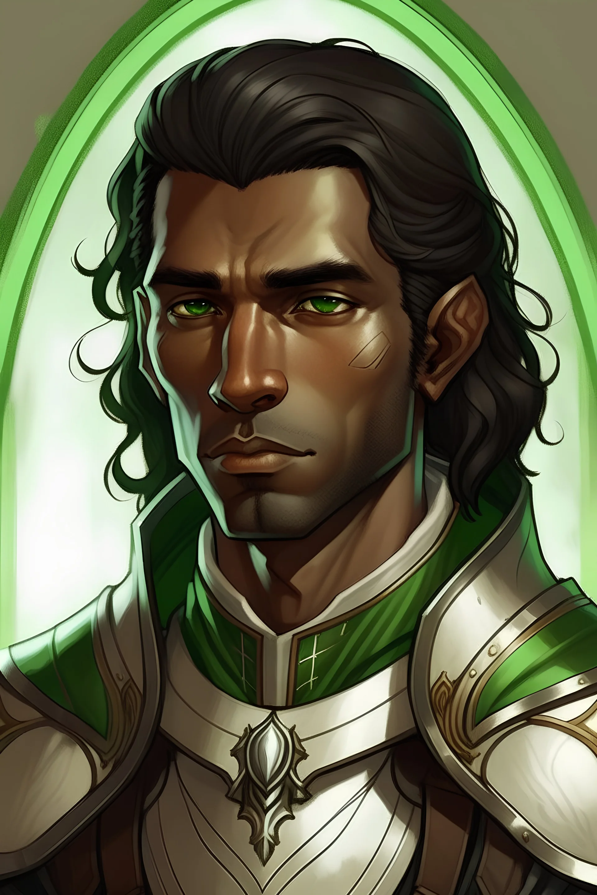 generate a portrait of a half-elf male cleric, with black hair, medium brown skin, green eyes, no tattoos or marks. He is wearing half-plate armor with hints of green and brown