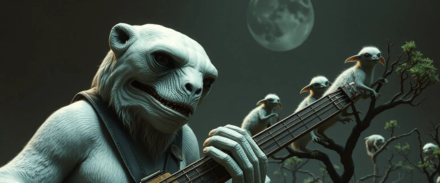 close up on member of jazz giant polar alien sloth gremlin sheep flock climbing trees in the style of H.R. Giger and Fallout 4