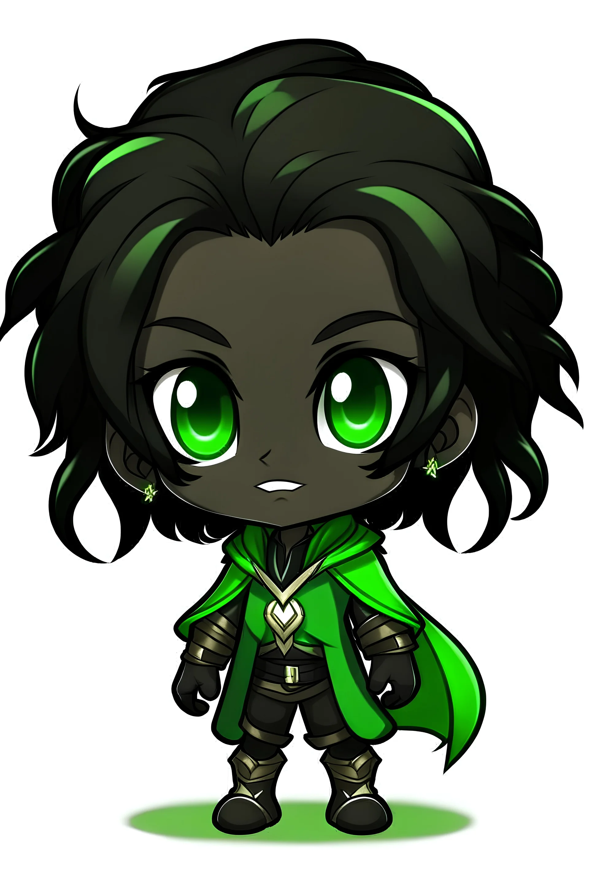 Wizard male dark elf with dark skin with ear length black fluffy hair Chibi art style green accents