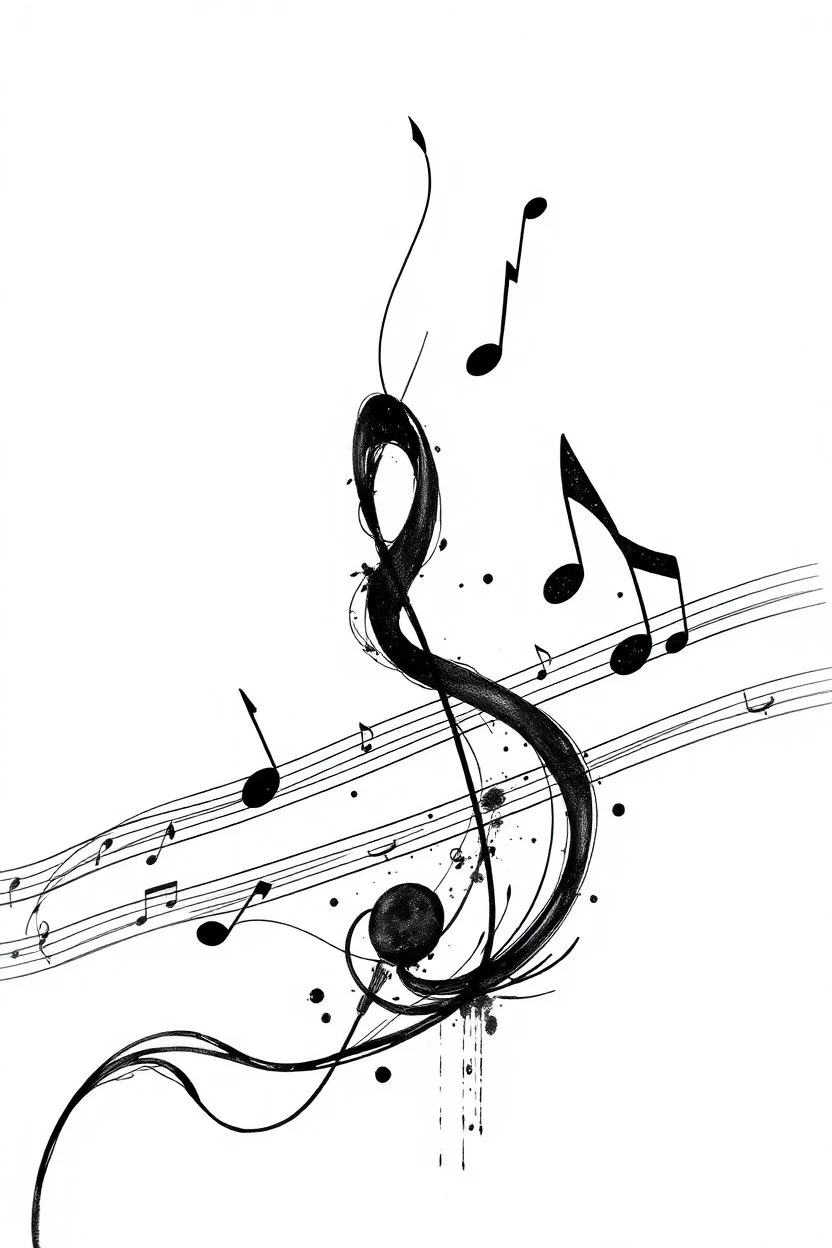 A realistic drawing in negative space black ink on white background of a musical notes and twisted notes 3D with abstract brushstrokes to enhance sheets music pages max enrist