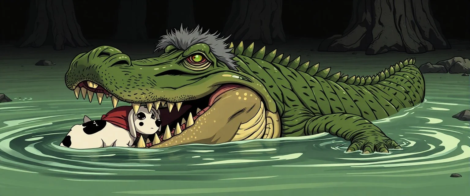 realistic anime crocodile hippo pimp witch with fluffy hair, doing dog things and eating small dog in the style of fallout 4 and giger and escher
