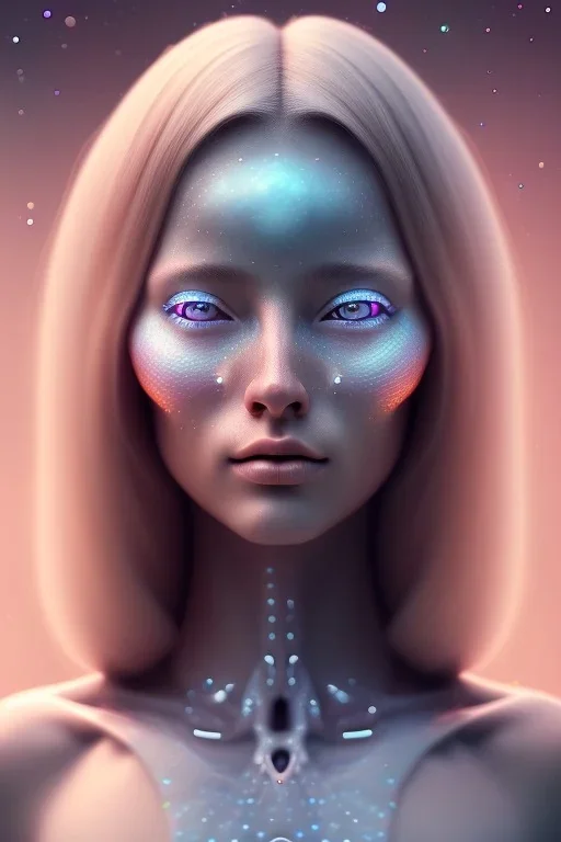 portrait full female human body, meditation, beautiful eye, universe, fractal, realistic, 8k, high quality, extreme detail, symmetrical nose, white natural long hair.