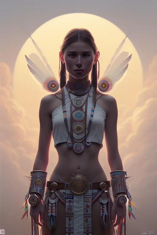 girl, cute, beautiful, Native American, head and shoulders portrait, 8k resolution concept art portrait by Greg Rutkowski, Artgerm, WLOP, Alphonse Mucha dynamic lighting hyperdetailed intricately detailed Splash art trending on Artstation triadic colors Unreal Engine 5 volumetric lighting, long hair, brown eyes, black hair, clean face, brown dress