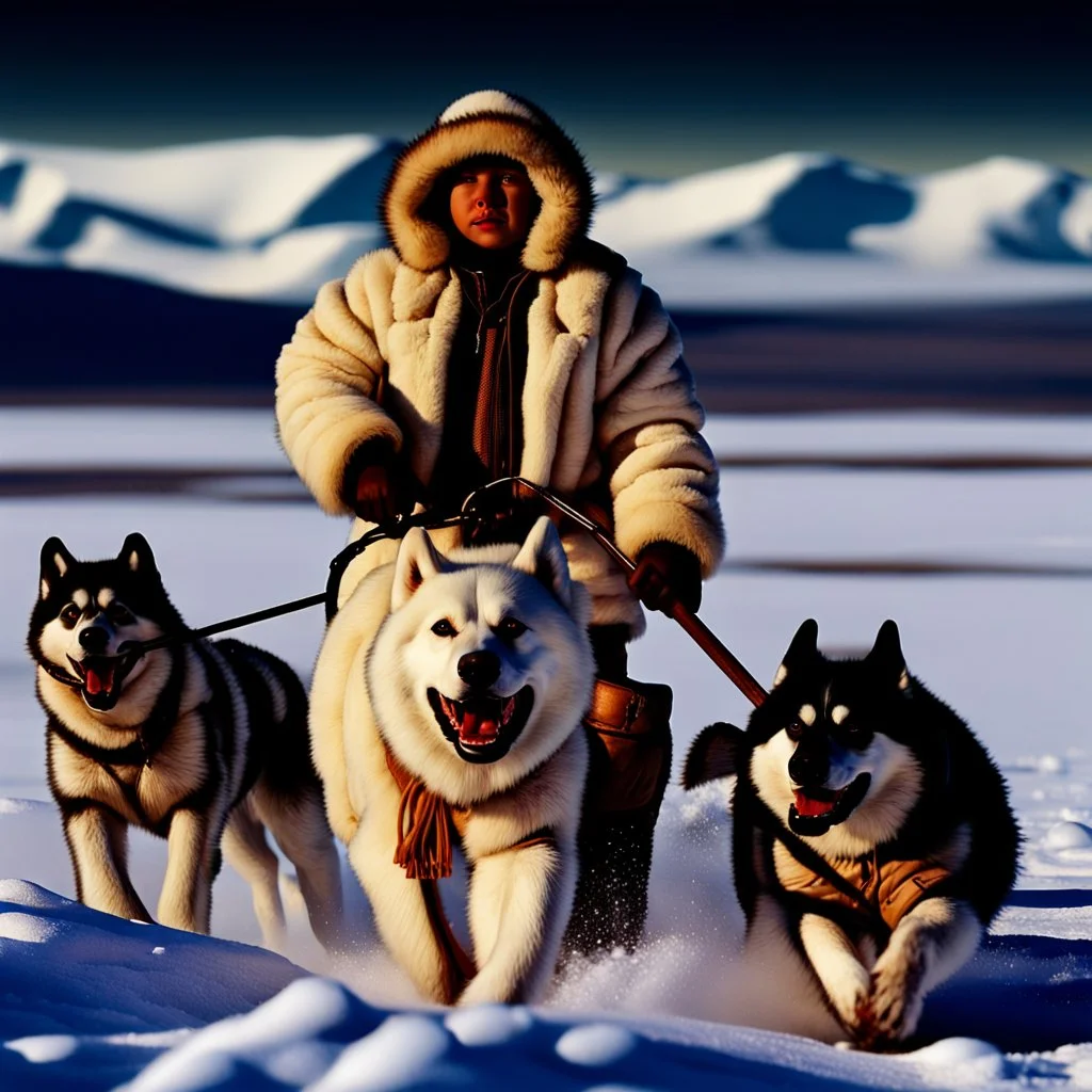 Create an image of sledge dogs that drag a sled in the snowy expanses of Alaska on which sit four Eskimo children dressed in white bear fur coats, the sled makes deep tracks in the snow, in the background of his circle in front of which stands an Eskimo hunter with a catch of fish, afternoon photo, outdoor photo, photo Realistic, 18K, wide lens