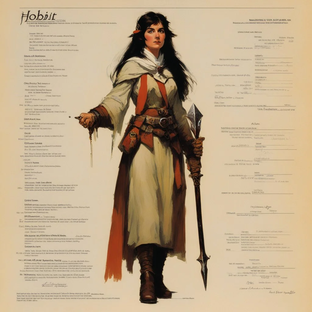 ConceptSheet: female hobbit cleric with AD&D statistics [by frank frazetta]