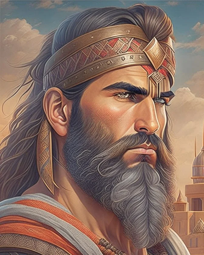Mesopotamian warrior, expression serious, aura, portrait, background Mesopotamian city, comic style, long beard,