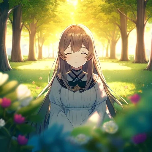 looking at an anime girl in the distance sleeping in a far away distance. field of flowers. trees are in the distance. girl is sleeping underneath a willow tree in the distance, picture is not upclose, looking at the girl who is far away in the distance