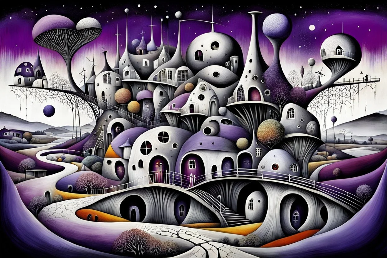 whimsical, weird ball-like houses stand in village in weird whimsical landscape with long bridges, , futur-surreal vibe with abstractions, around surreal cracked painted weird land with dark purple, gray, black, white, brown colors. style of Chagall , of Minjae Lee and Tim Burton, absurd beauty picture. weird bizarre absurd, nightmare, big neuron network background and thin bridges, surreal cinematic vibe