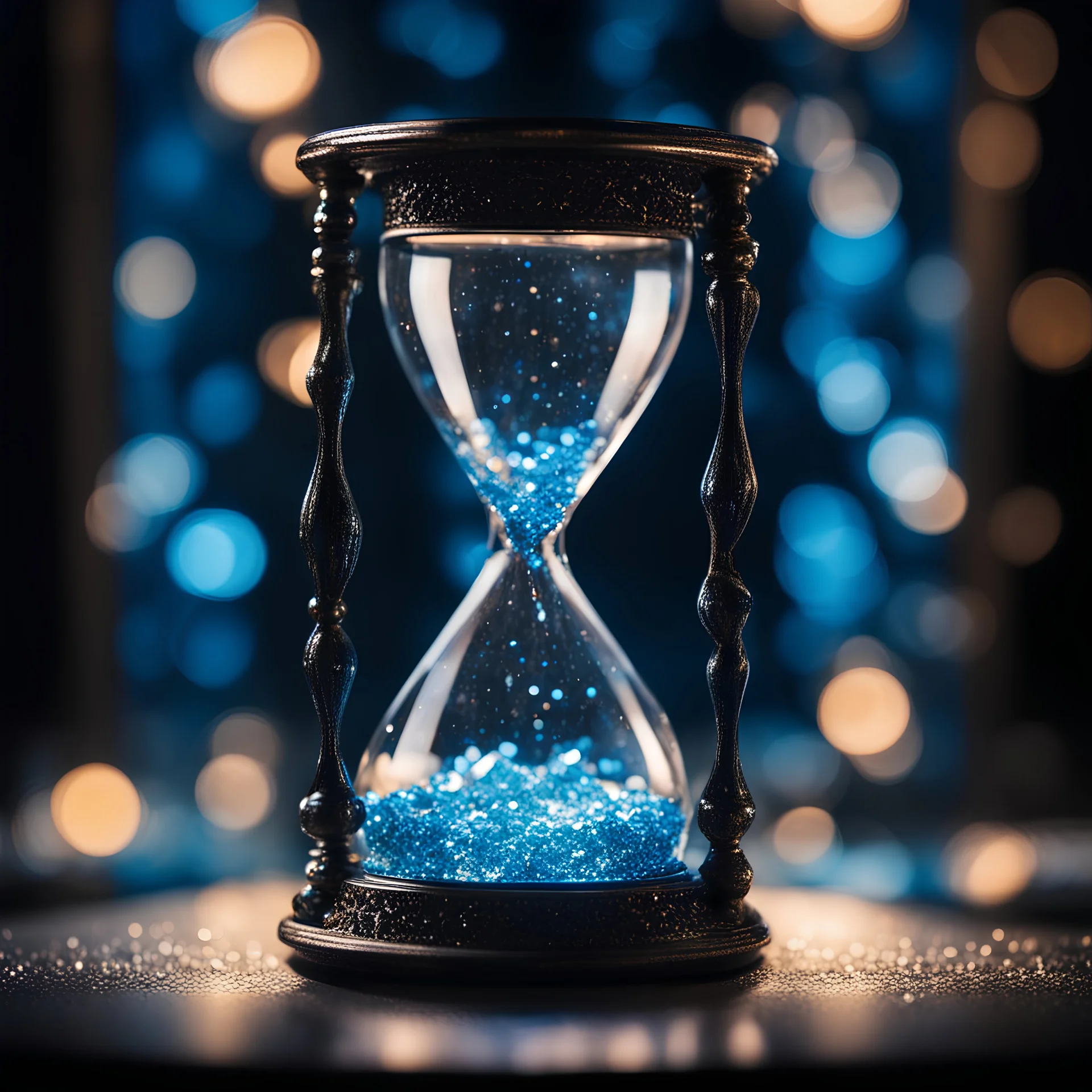 close up of a luminous blue crystal hourglass, front illumination, black background, sharp focus, high contrast, bright vibrant colors, cinematic masterpiece, shallow depth of field, bokeh, sparks, glitter, 16k resolution, photorealistic, intricate details, dramatic natural lighting