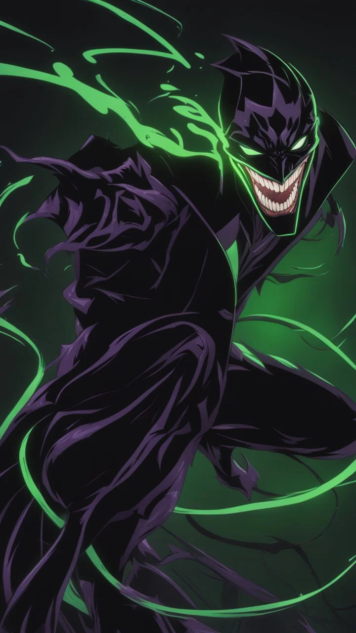 A very close picture to Mix between the joker and venom symbiote in solo leveling shadow art style with neon green details