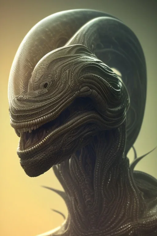 snake alien, head,8 eyes, smile, 8k, with hairs, finely detailed, photo realistic, HR Giger style