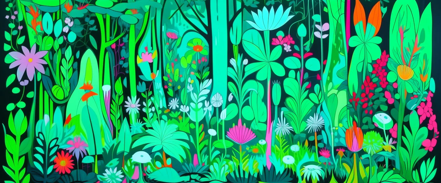A neon mint green fairy realm with flowers painted by Stuart Davis