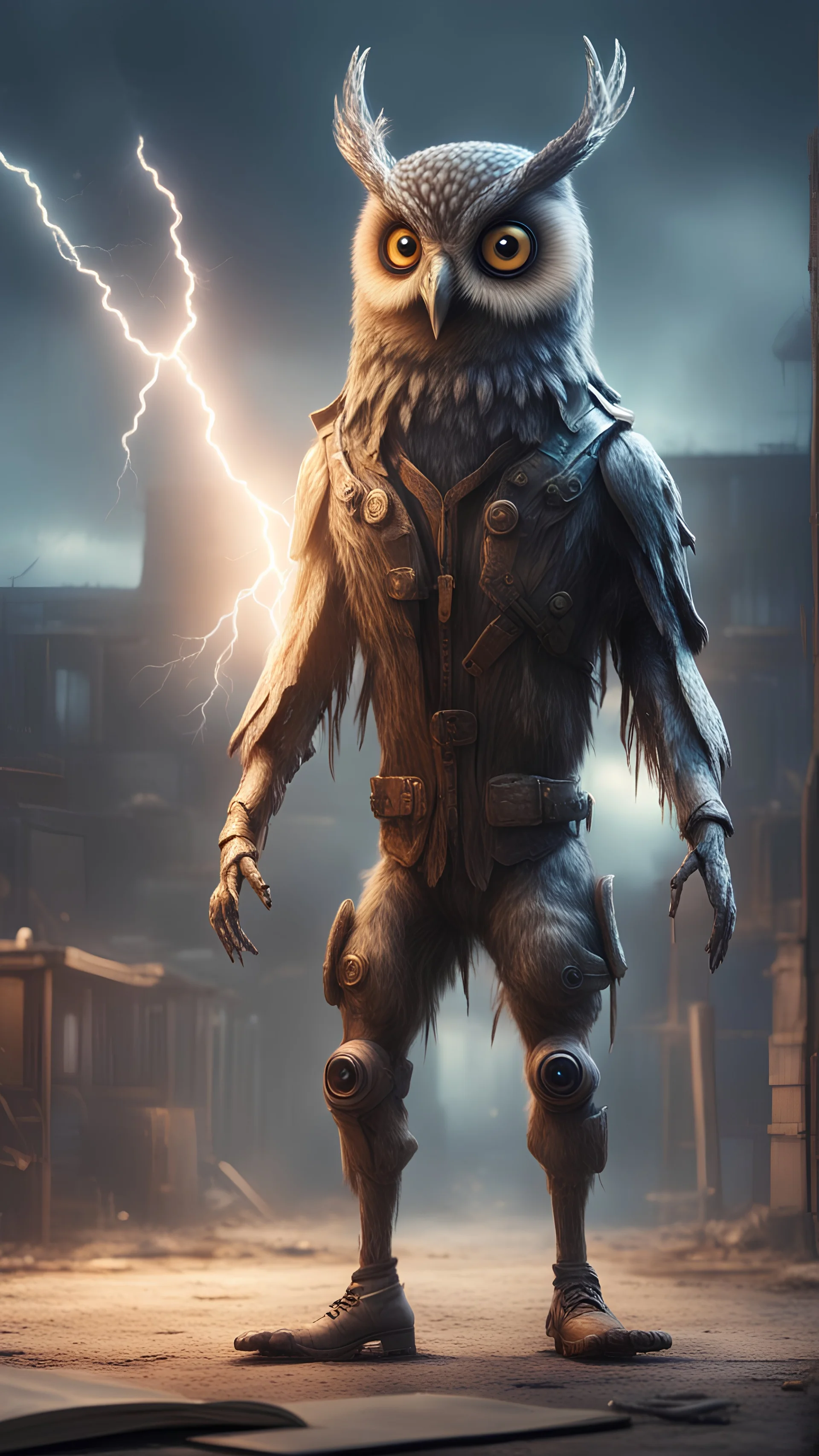 book cover illustration, fallout 4 setting, horror weird owl bear elk alien bird walking on stilts in female garments, getting hit by lightening electric arc, with big disturbed eyes,bokeh like f/0.8, tilt-shift lens 8k, high detail, smooth render, down-light, unreal engine, prize winning