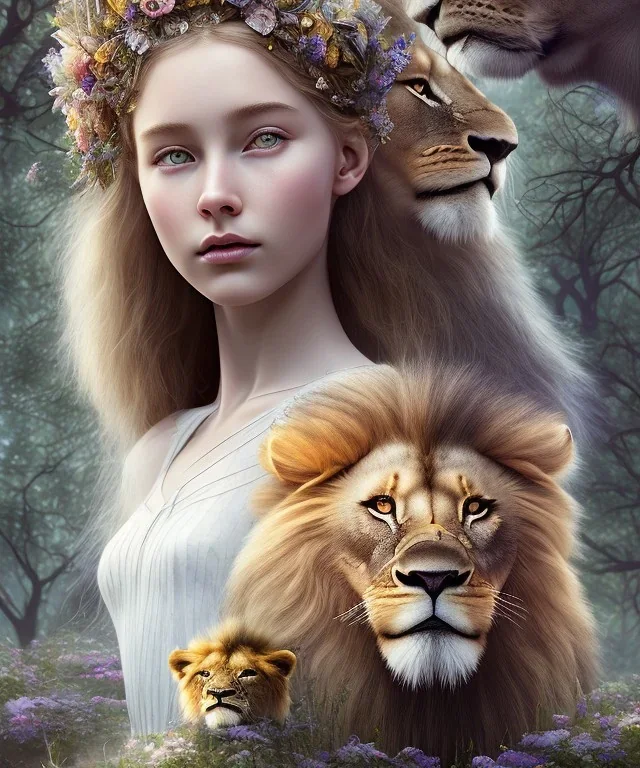 Young beautiful girl wearing floral crown and next to a majestic, stunning lion on nature forest path, Chronicles of Narnia, 8k resolution, high-quality, fine-detail, iridescent, intricate, digital art, detailed matte, volumetric lighting, beautiful, illustration, 3D octane render, brian froud, howard lyon, selina french, anna dittmann, annie stokes, lisa parker, greg rutowski,