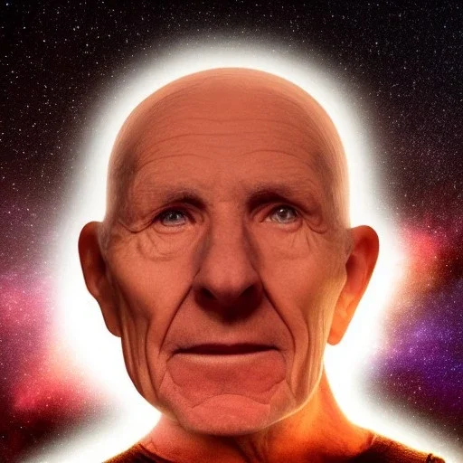 portrait of an elderly man's severed head floating in space, backlit by stars