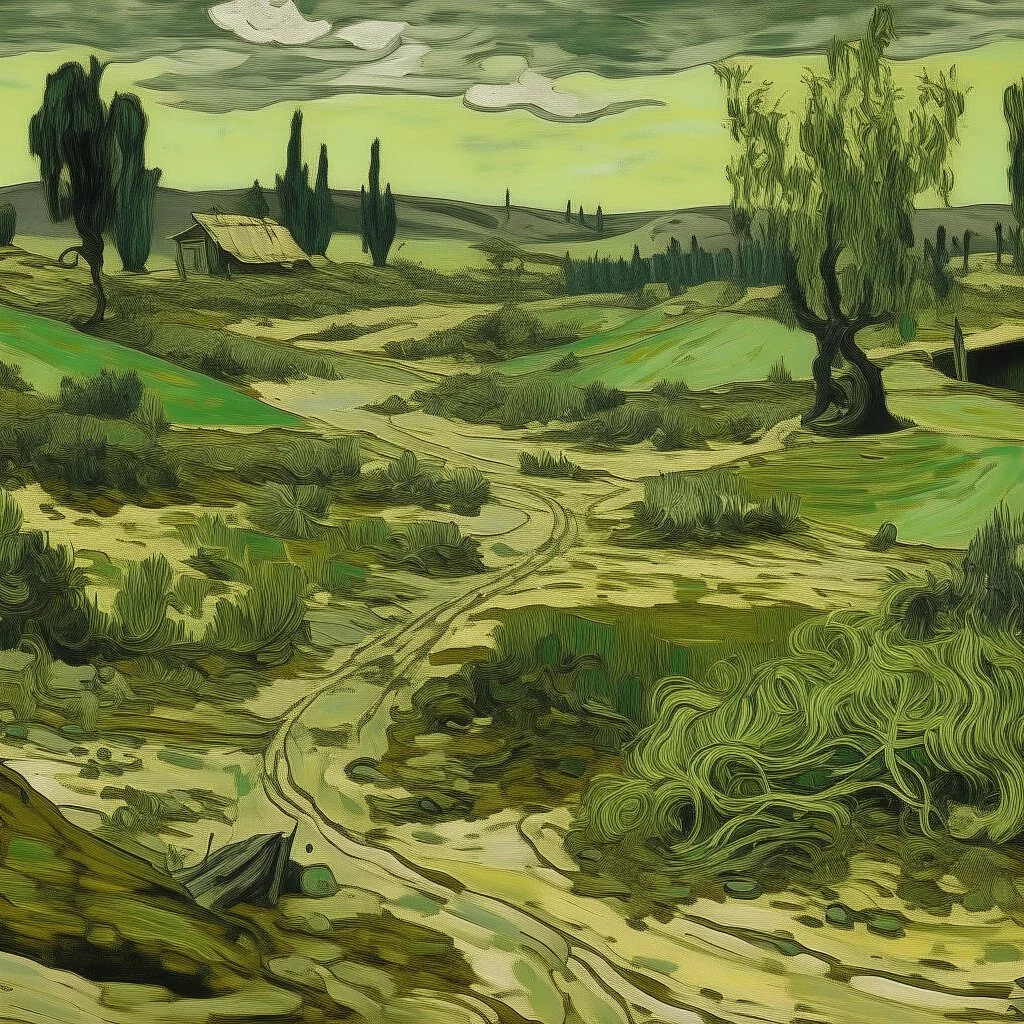 An olive green wasteland near an abandoned plague town painted by Vincent van Gogh