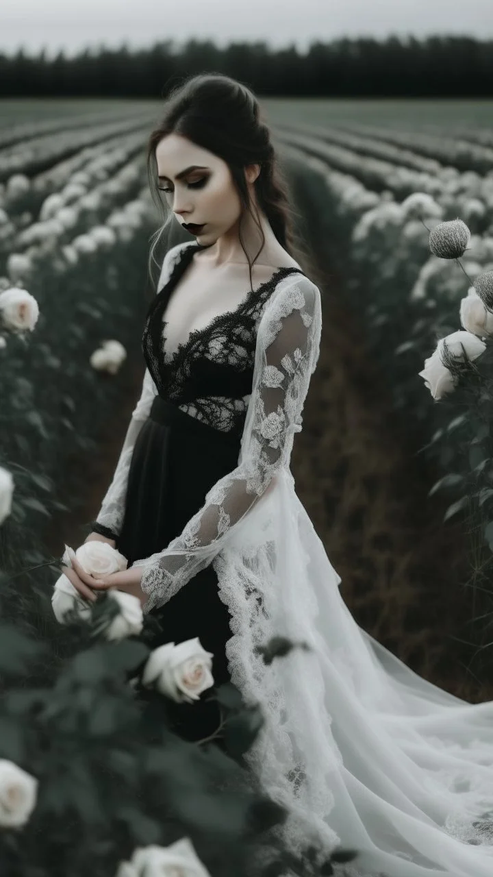 black lace scarf and dirty white wedding dress in a field of white roses.cinematic picture