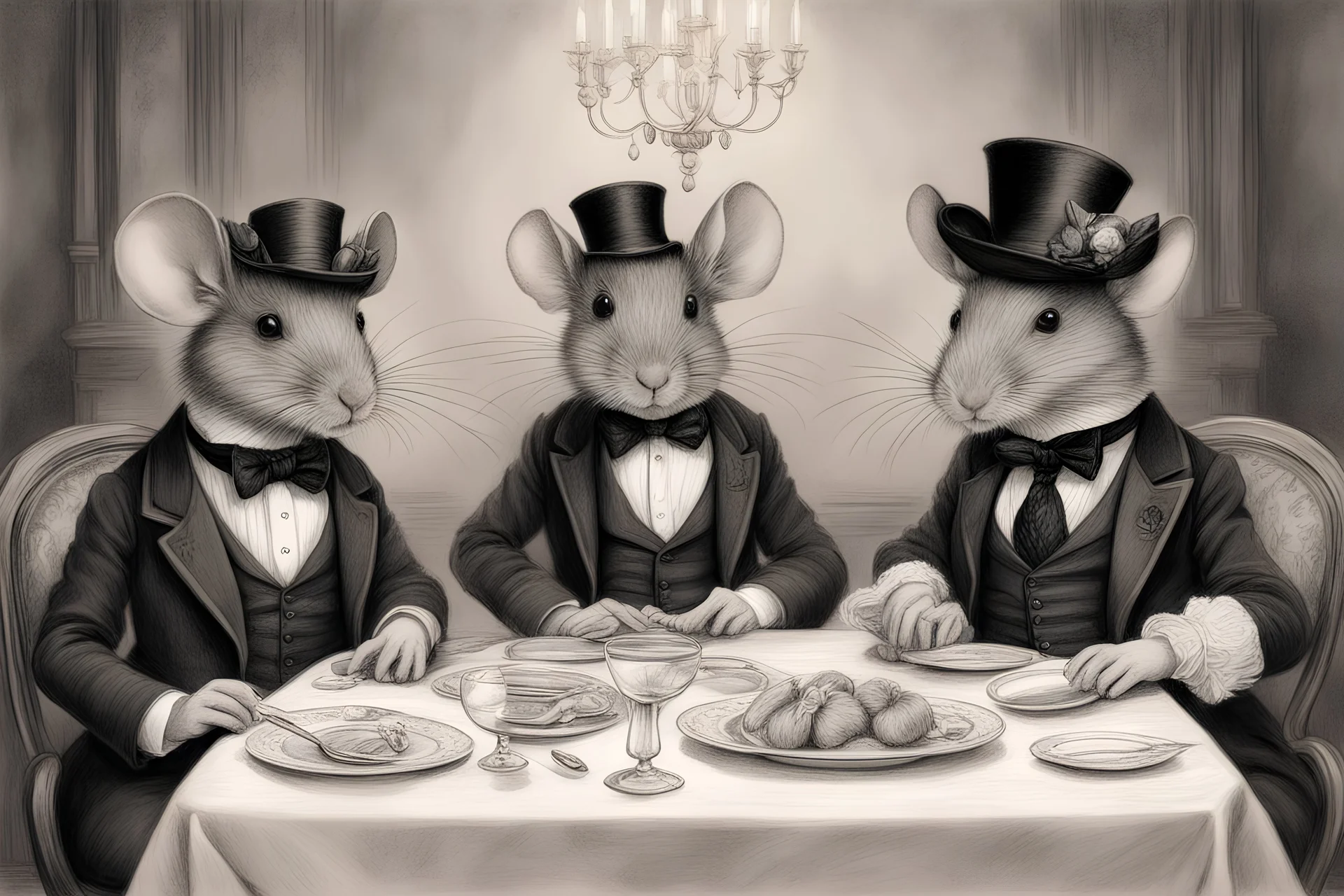 two pretty and handsome mice at a ceremonial dinner, dressed in Victorian style, Victorian hairstyle, pencil drawing style of Keith Harrop